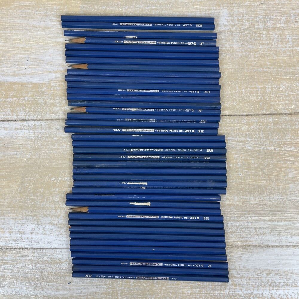 Mix Lot 39 VTG SEMI-HEX DRAWING PENCILS 497 GENERAL B 2B 3B 4B HB H 2H 3H 4H & F